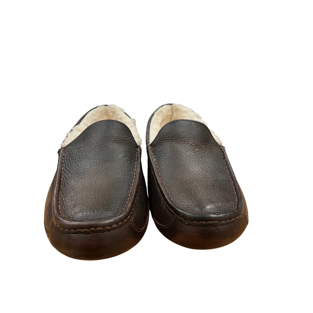 UGG Ascot Mens 12 Espresso Brown Leather Wool Lined Moccasin Slippers 5379